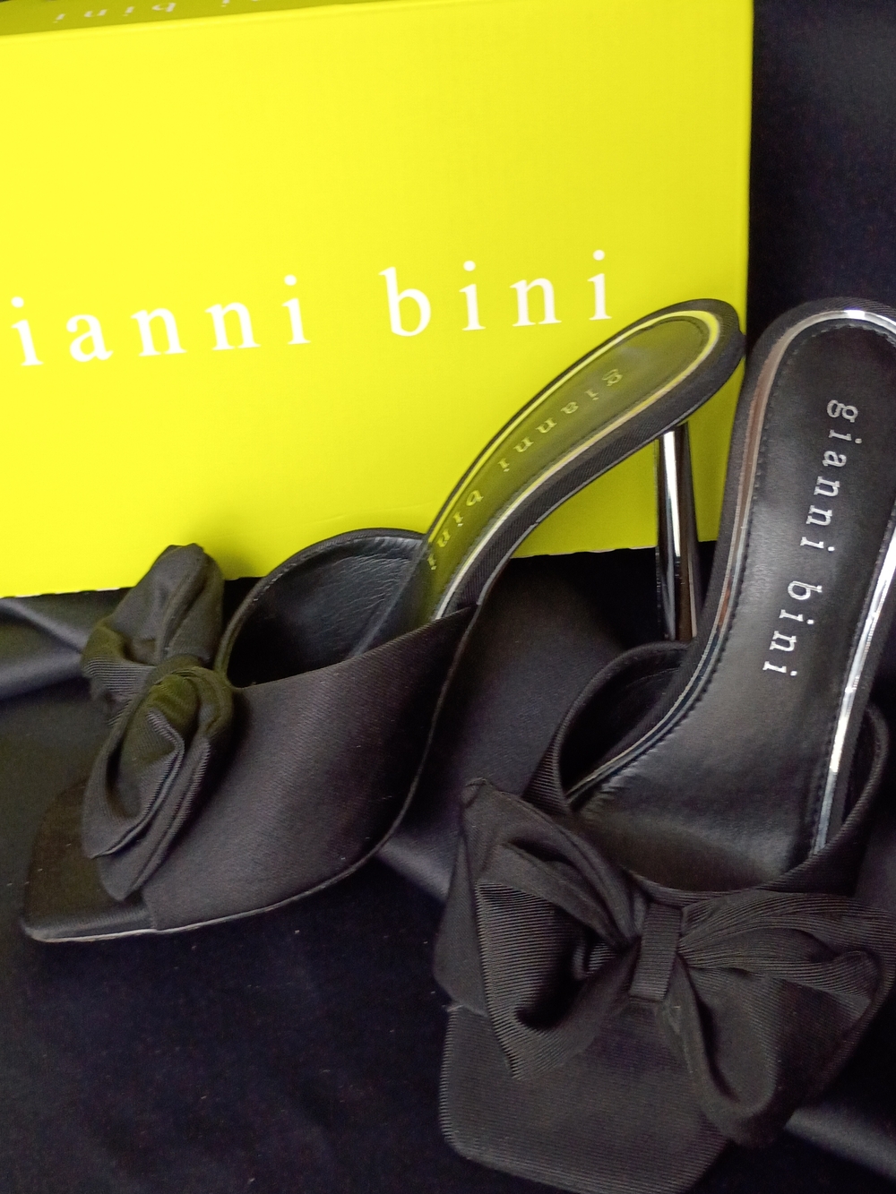 Gianni Bini Black Satin Bow Mule Heels with Stiletto